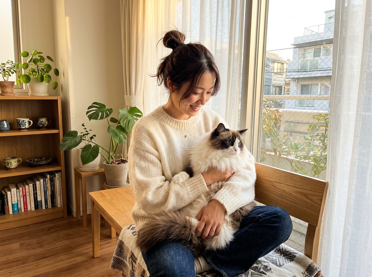 理惠与布偶猫雪球在东京公寓的午后原照