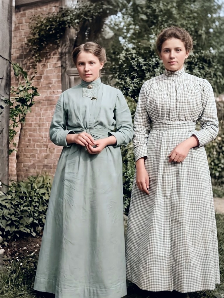 Restored Edwardian era portrait of two sisters standing before an ivy brick wall by BIGBROSTUDIO