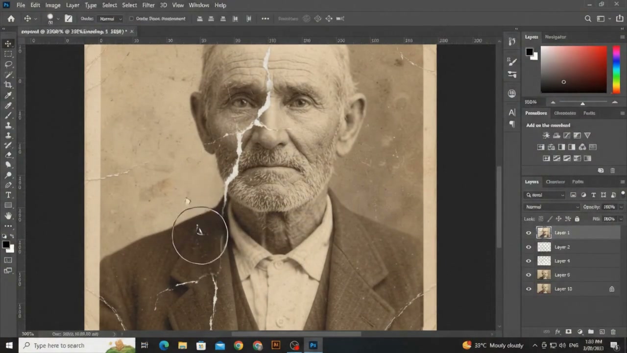 Photoshop canvas closeup: Healing Brush seamlessly bridging the ocular tear