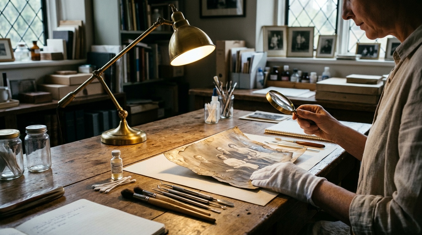Artisan conservator assessing water-damaged vintage photograph on wooden workbench