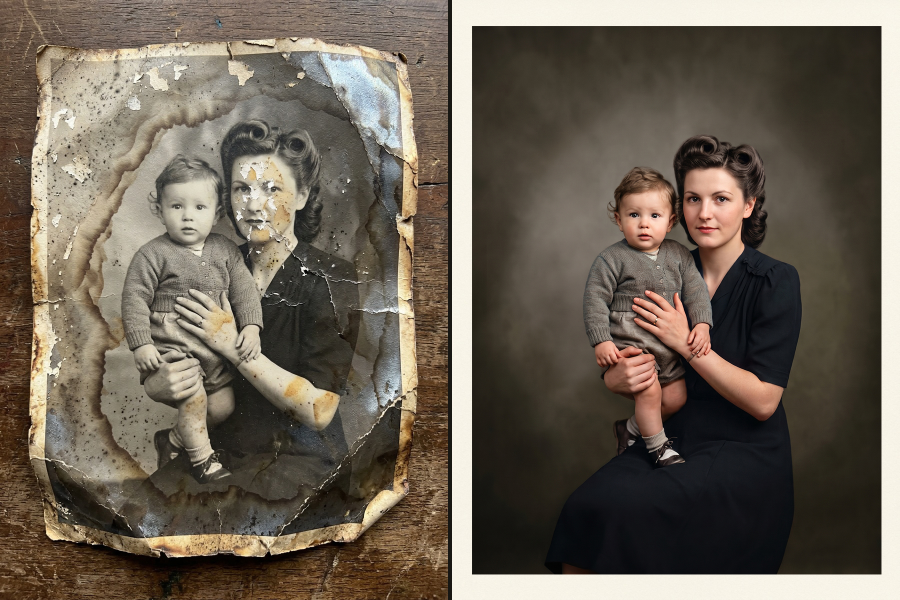 Side-by-side comparison of 1940s water-damaged mother and child portrait before and after restoration