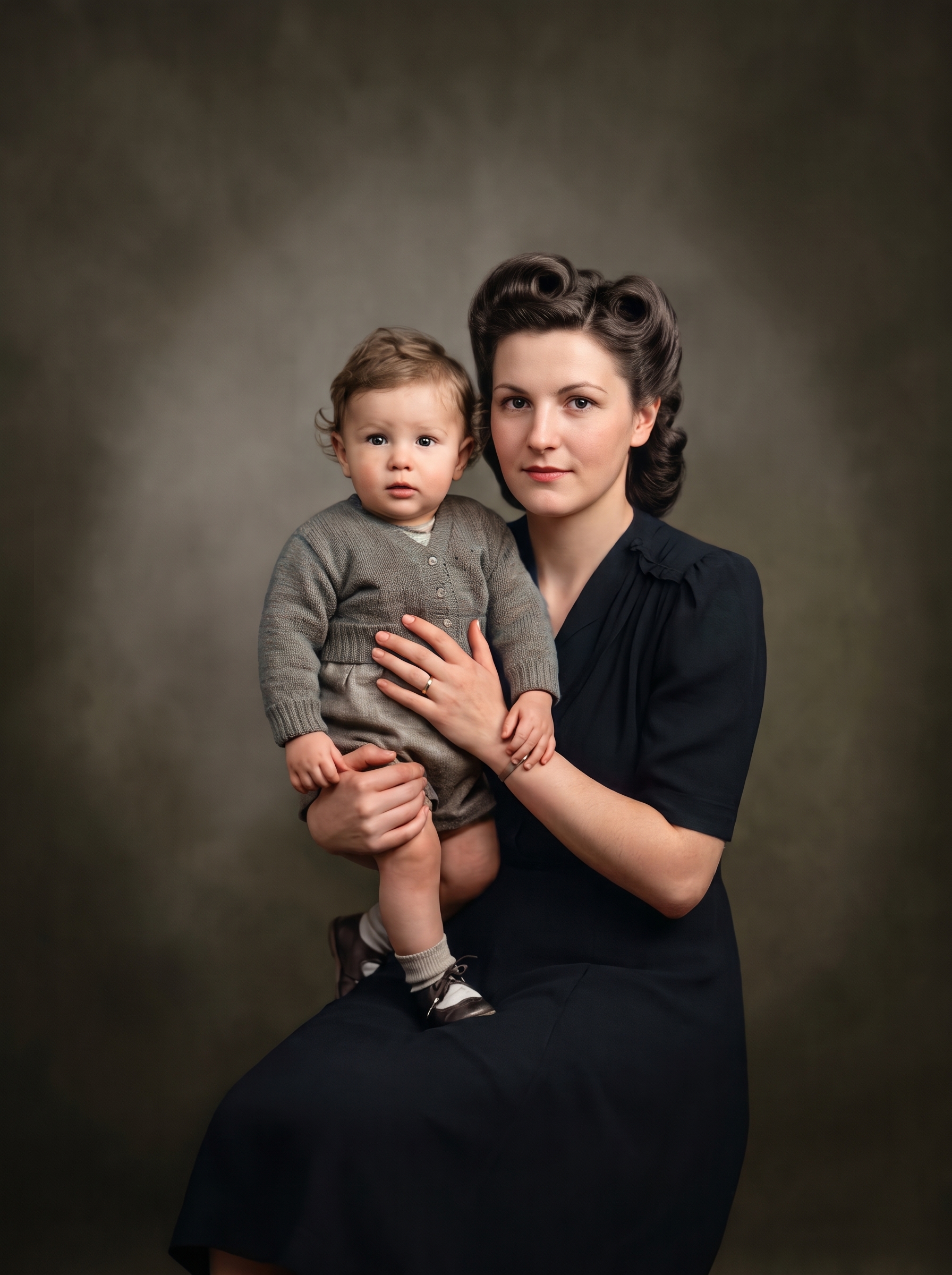 Masterfully restored 1940s mother and child vintage portrait in museum matting