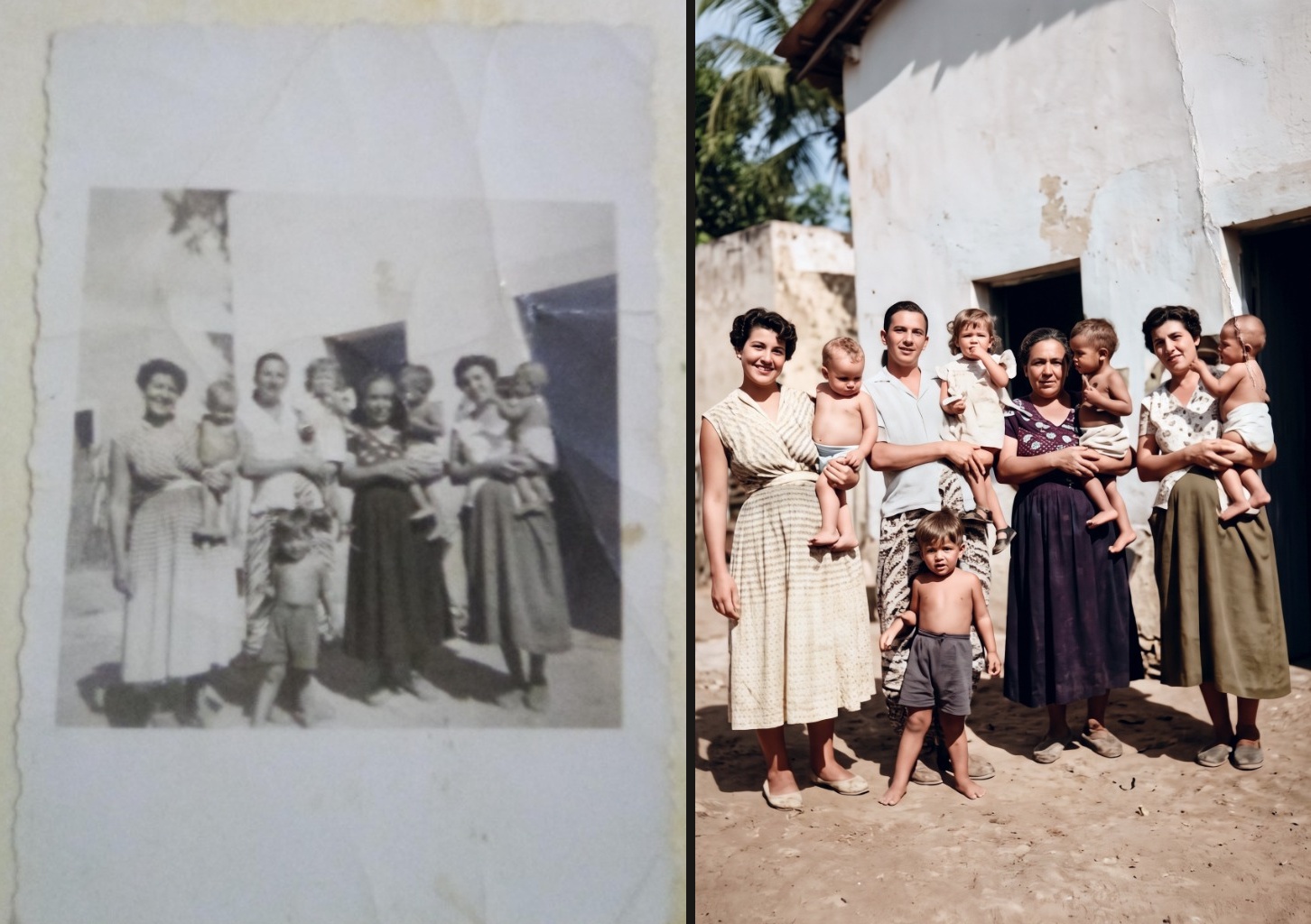 Before and after comparison of restoring and colorizing a large multigenerational family vintage photo