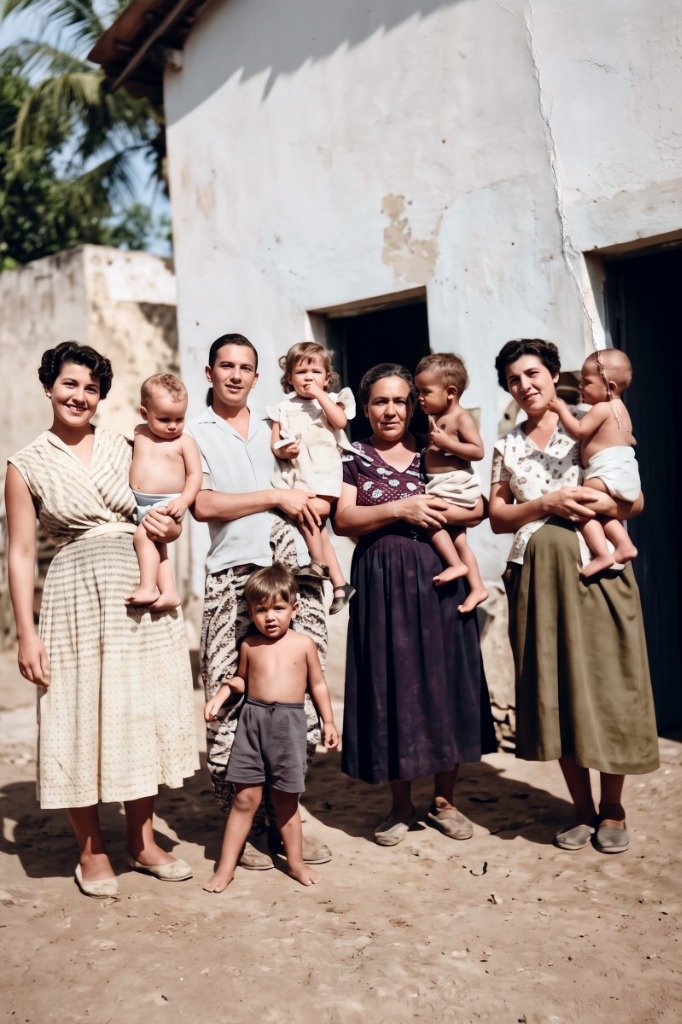 Masterfully restored and colorized full family reunion portrait in natural warm light